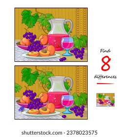 Find 8 differences. Illustration of a still life with peaches and grapes. Logic puzzle game for children and adults. Page for kids brain teaser book. Task for attentiveness. Vector cartoon drawing.