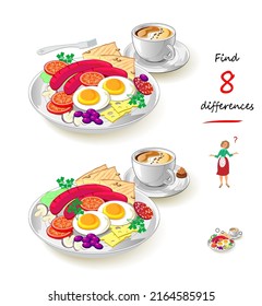 Encuentra 8 diferencias. Ilustración del delicioso desayuno inglés. Juego de rompecabezas lógico para niños y adultos. Página para niños libro teaser de cerebro. Desarrollando habilidades de conteo. Prueba de CI. Juega en línea. Imagen del vector