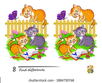 Find 8 differences. Illustration of three little kittens learning to read. Logic puzzle game for children and adults. Brain teaser book for kids. Developing counting skills. IQ test. 