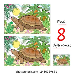 Find 8 differences. Illustration of a turtle in the African jungle. Logic puzzle game for children and adults. Page for kids brain teaser book. Developing to counting skills. Vector cartoon drawing.