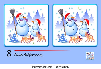 Find 8 differences. Illustration of winter forest with snowmen and animals. Logic puzzle game for children and adults. Page for kids brain teaser book. Developing counting skills. IQ test. Play online