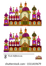 Find 8 Differences. Logic Puzzle Game For Children And Adults. Printable Page For Kids Brain Teaser Book. Image Of Fairy-tale Castle. Developing Counting Skills. IQ Training Test.