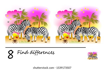 Find 8 differences. Logic puzzle game for children and adults. Printable page for kids brain teaser book. Image of two cute zebras in African desert. Developing counting skills. IQ training test.