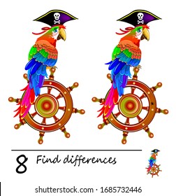 Find 8 differences. Logic puzzle game for children and adults. Printable page for kids brain teaser book. Illustration of cute pirate parrot on steering wheel. Developing counting skills. IQ test.