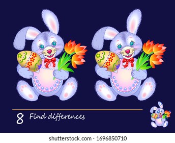 Find 8 differences. Logic puzzle game for children and adults. Printable page for kids brain teaser book. Illustration of cute rabbit with Easter egg. Developing counting skills. IQ test. Flat vector