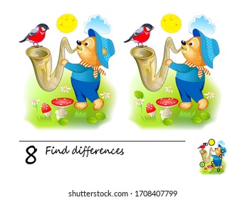 Find 8 differences. Logic puzzle game for children and adults. Printable page for kids brain teaser book. Illustration of cute bear playing the saxophone. Developing kids counting skills. IQ test.