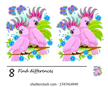 Find 8 differences. Logic puzzle game for children and adults. Printable page for kids brain teaser book. Illustration of cute parrots. Developing counting skills. IQ test. Online education.
