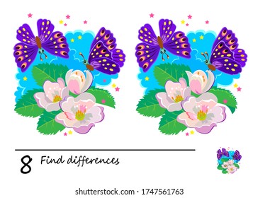 Find 8 differences. Logic puzzle game for children and adults. Printable page for kids brain teaser book. Illustration of butterflies and spring flowers. Task for attentiveness. IQ test. Play online.