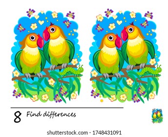 Find 8 differences. Logic puzzle game for children and adults. Page for kids brain teaser book. Illustration of two green parrots. Task for attentiveness. Play online. Developing counting skills.