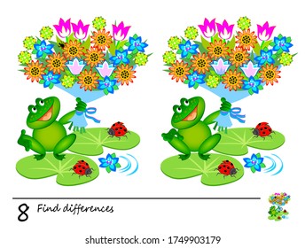 Find 8 differences. Logic puzzle game for children and adults. Page for kids brain teaser book. Illustration of cute frog with bouquet of flowers. Task for attentiveness. Play online.