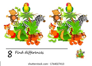 Find 8 differences. Logic puzzle game for children and adults. Page for kids brain teaser book. Illustration of cute animals in jungle. Task for attentiveness. Play online. Math education.