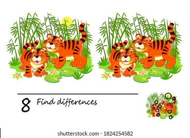 Find 8 differences. Logic puzzle game for children and adults. Brain teaser book for kids. Illustration of two cute little tigers in the jungle. Play online. Developing counting skills.