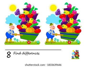 Find 8 differences. Logic puzzle game for children and adults. Brain teaser book for kids. Illustration of a happy gardener and wheelbarrow with vegetables. Play online. Developing counting skills.