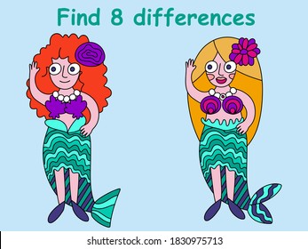 Find 8 differences mermaid girls stocl vector illustration. Cartoon carnival costume mermaid two young girls smiling and waving hands. Funny educational children game for printing