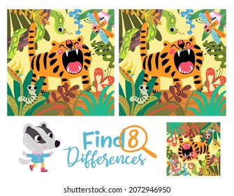 Find 8 differences mini game for children. Jungle theme with roaring tiger, snake, worm and dragonfly on the floral background.