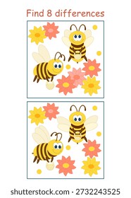 Finden Sie 8 Unterschiede in den Bildern von Bienen sammeln Nektar aus Blumen. Beobachtungsspiel. Vektorgrafik für Kinderunterhaltung, Aktivitätsbuch, Arbeitsblatt.