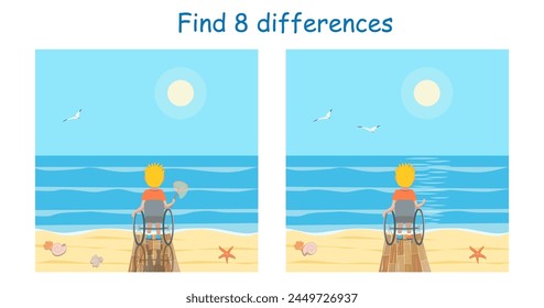 Find 8 differences in pictures with a boy in a wheelchair on the beach with a landing net in his hand looking at the endless blue sea. Vector illustration for children's activity book.