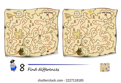 Find 8 differences. Pirate treasure island map Illustration. Logic puzzle game for children and adults. Page for kids brain teaser book. Developing counting skills. Vector drawing.
