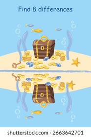 Encontre 8 diferenças no reflexo do tesouro no fundo do mar. Jogo de observação Ilustração vetorial para entretenimento infantil, livro de atividades, planilha.
