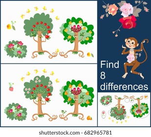 Find 8 differences. Visual game for developing attention for children and adults with cheerful unusual characters. Fruits tree, birds and butterflies in lovely magic garden.