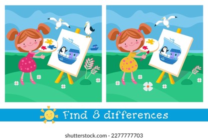 Find 8 hidden differences. Educational puzzle game for children. Cute little girl paint picture. Cartoon characters with flowers. Vector illustration.