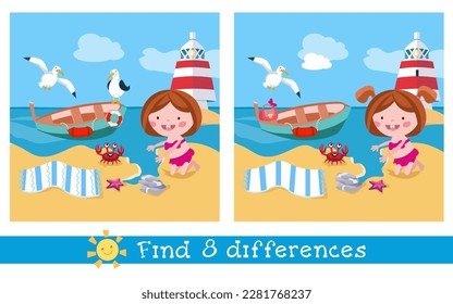 Find 8 hidden differences. Educational puzzle game for children. Cute little girl by sea. Animals on beach in summer. Cartoon characters, boat and lighthouse. Vector illustration. 