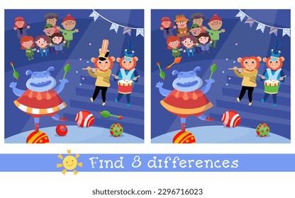 Find 8 hidden differences. Educational puzzle game for children. Cute funny animal performers at circus. Funny show with musicians and people. Cartoon style illustration. Vector illustration.