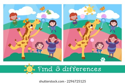 Find 8 hidden differences. Educational puzzle game for children. Cute giraffe with soap bubbles. Cartoon style illustration. Vector illustration.