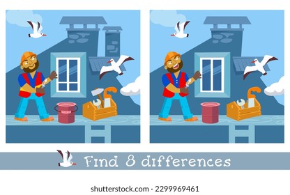 Find 8 hidden differences. Educational puzzle game for children. Builder man in helmet and safety vest with toolbox near house. Cartoon style illustration. Vector illustration.