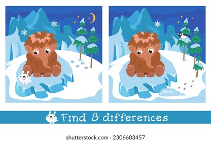 Find 8 hidden differences. Educational puzzle game for children. Cute mammoth cub in winter among mountains and snow. Cartoon character. Nature and landscape. Vector illustration.