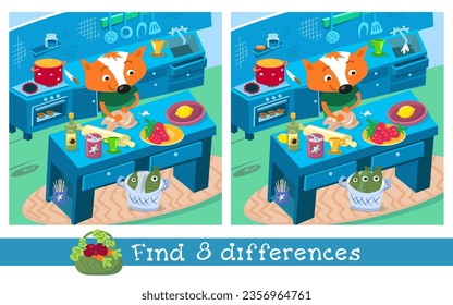 Find 8 hidden differences. Educational game for children. Puzzle game in cartoon style. Father fox cooking pie in kitchen. Funny cartoon character. Vector illustration.