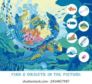 Find 8 objects in the picture. Hidden object puzzle. Huge sea turtle. Vector illustration.