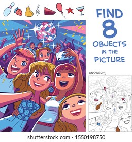 Find 8 objects in the picture. Puzzle Hidden Items. Young people take a selfie at a disco party. Funny cartoon character