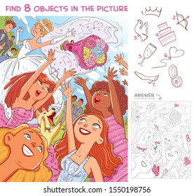 Find 8 objects in the picture. Puzzle Hidden Items. Bridesmaids catch a bride's bouquet at a wedding. Throw bouquet wedding. Funny cartoon character