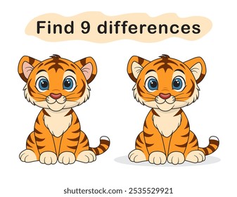 Find 9 differences between two cute tiger pictures. A page with tasks for children. Vector illustration