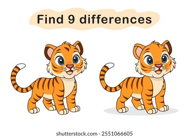 Find 9 differences between two cute tiger pictures. A page with tasks for children. Vector illustration
