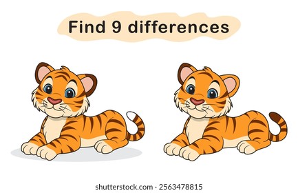 Find 9 differences between two cute tiger pictures. A page with tasks for children. Vector illustration