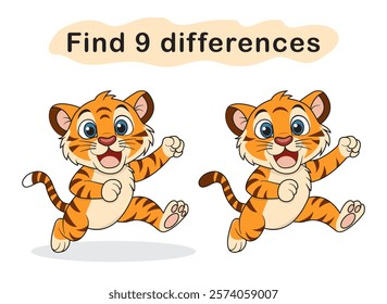 Find 9 differences between two cute tiger pictures. A page with tasks for children. Vector illustration