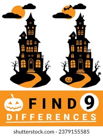 
Find 9 differences. Educational game for children. Halloween theme. Spooky Mansion. Cartoon vector illustration Happy Halloween
