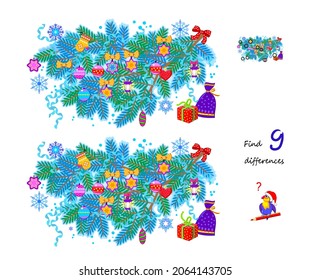 Find 9 Differences. Illustration Of Christmas Decoration. Logic Puzzle Game For Children And Adults. Page For Kids Brain Teaser Book. Developing Counting Skills. IQ Test. Play Online.