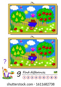 Find 9 differences. Illustration of summer garden. Logic puzzle game for children and adults. Printable page for kids textbook. Developing counting skills. IQ training test. Vector cartoon image.