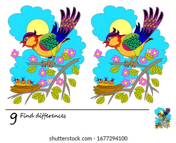 Find 9 differences. Logic puzzle game for children and adults. Printable page for kids brain teaser book. Illustration of bird and his babies in nest. Developing counting skills. IQ training test.