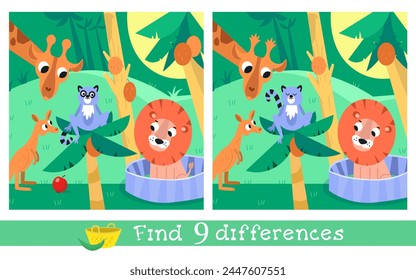 Find 9 differences. Puzzle game for children. Cute animals at zoo. Vector cartoon illustration. Funny bird animal.