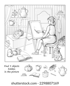 Find 9 objects hidden in the picture. Logic puzzle game for children and adults. Girl learning to draw sitting at the easel. Educational page. Play online. Task for attentiveness. Vector cartoon image
