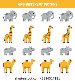 Find African animal which is different from others. Worksheet for kids.