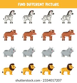 Find African animal which is different from others. Worksheet for kids.