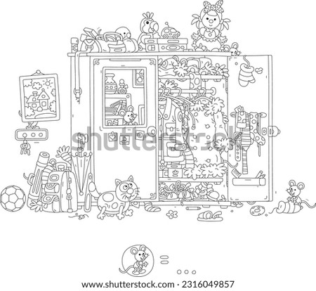 Find all 10 of cunning grey mice hiding from a funny plump cat in a large old closet full of clothes, shoes, other things and toys in a home hallway, black and white outline vector cartoon illustratio