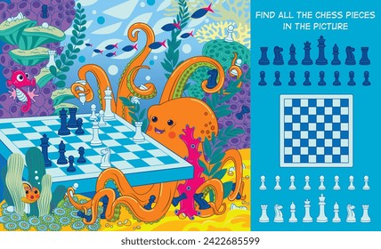 Find all the chess pieces in the picture. Hidden object puzzle. An octopus and a seahorse play chess. Vector illustration. Funny cartoon characters. svg