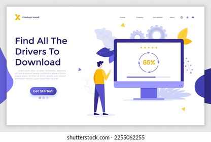 Find All Drivers to Download landing page template. Tools for computer system diagnostics webpage design. Detect compatible software elements. Vector illustration for application development