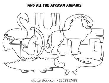 Find all hidden african animals. Black and white worksheet. Educational logical game.